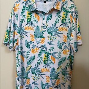 Men's Short-Sleeve Tropical Leaf Polo Shirt - White/Green/Yellow